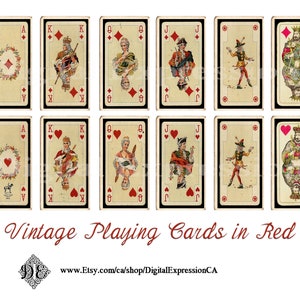 Tea Cards, VINTAGE Playing Cards DIGITAL TEA Cards in Red, Faux Tea Cards, Ephemera, Junk Journal Embellishments, King, Queen, Joker