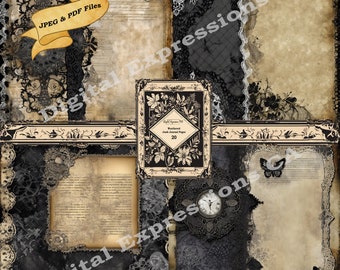 Gothic Elegance Dark Lace Junk Journal Pages/Vintage Fabric Scrapbook Designs/Mixed Media Sheets/Printable Collage Papers Instant Download