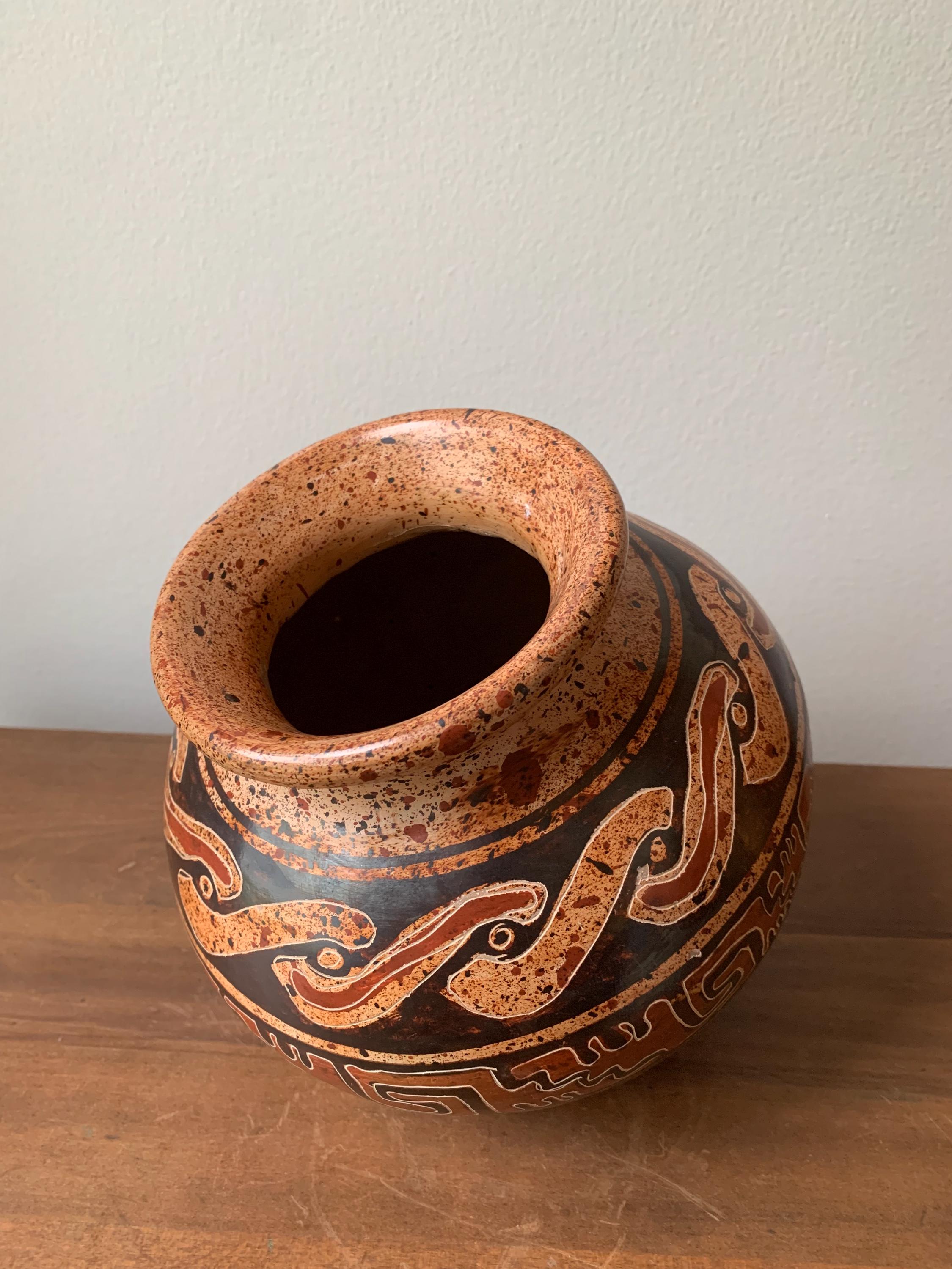 フォークアート大きい壺花瓶オブジェ柄 素焼きネイティブ民族