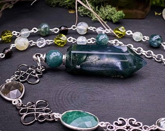 Moss Agate Perfume Bottle Gemstone Rosary Necklace