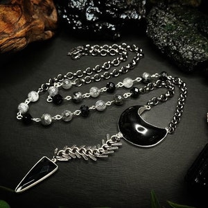 Dark Visions Talisman Necklace with Onyx, Obsidian, Tourmaline, Gray Moonstone, Rutilated Quartz, and Black Agate