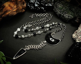 Dark Visions Talisman Necklace with Onyx, Obsidian, Tourmaline, Gray Moonstone, Rutilated Quartz, and Black Agate