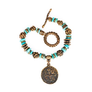 Turquoise Nugget and Old World Bronze Bracelet with Reproduction Old World Bronze Spanish Cob coin. image 2