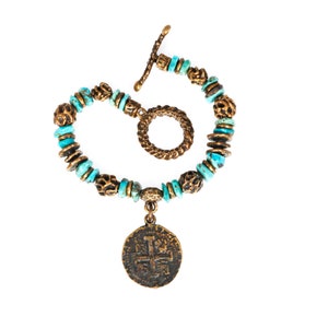 Turquoise Nugget and Old World Bronze Bracelet with Reproduction Old World Bronze Spanish Cob coin. image 1