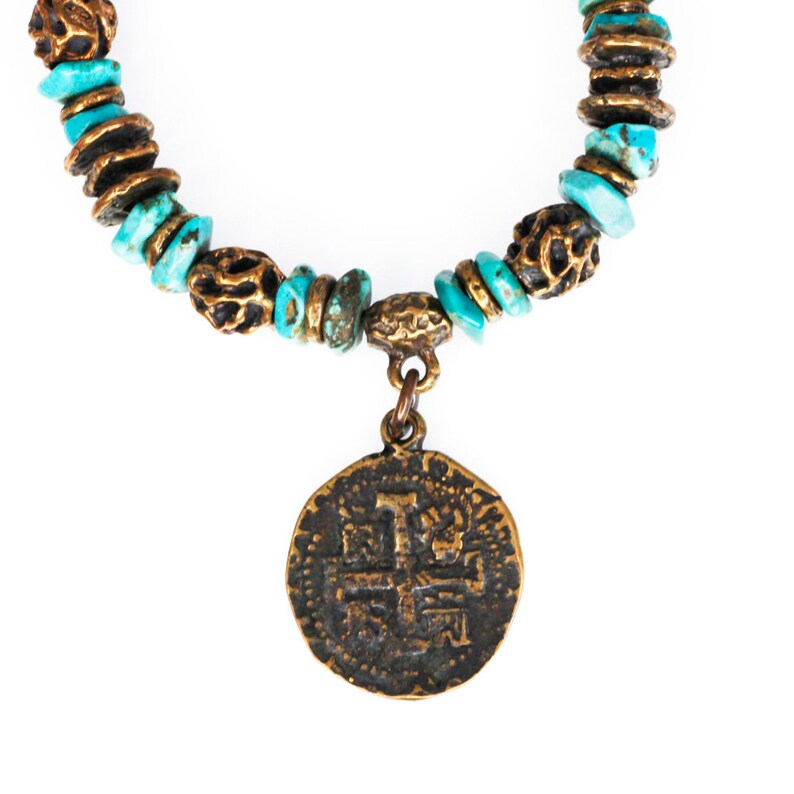 Turquoise Nugget and Old World Bronze Bracelet with Reproduction Old World Bronze Spanish Cob coin. image 3