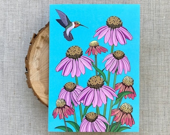 Coneflowers Hummingbird Blank Greeting Card | Native Plants | Garden Note Card