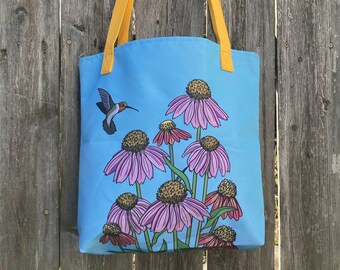 Pollinator Garden Tote bag | Hummingbird and Coneflowers Carry-All