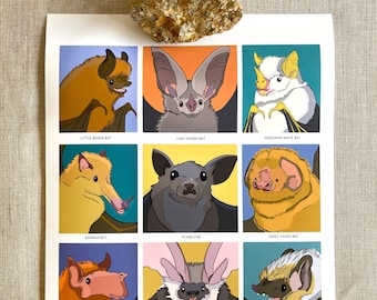 Bat Art Print | The Many Faces of Bats | Cute Happy Bat