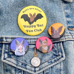 Happy Bat Pin Set: Cheerful Bat Portrait Buttons