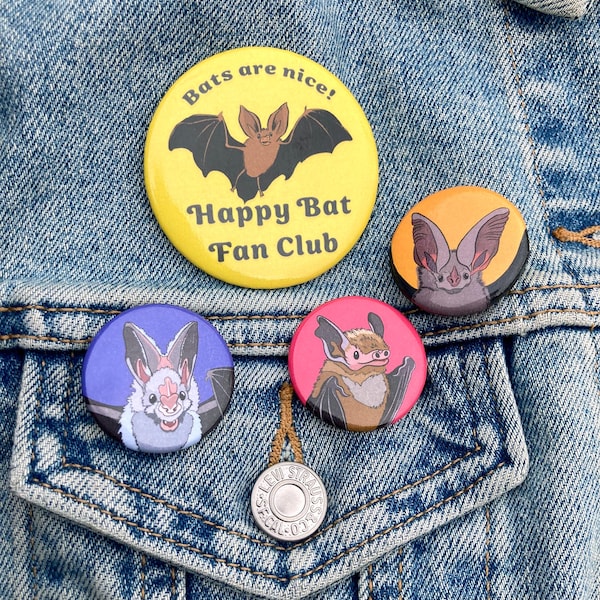 Happy Bat Pin Set: Cheerful Bat Portrait Buttons