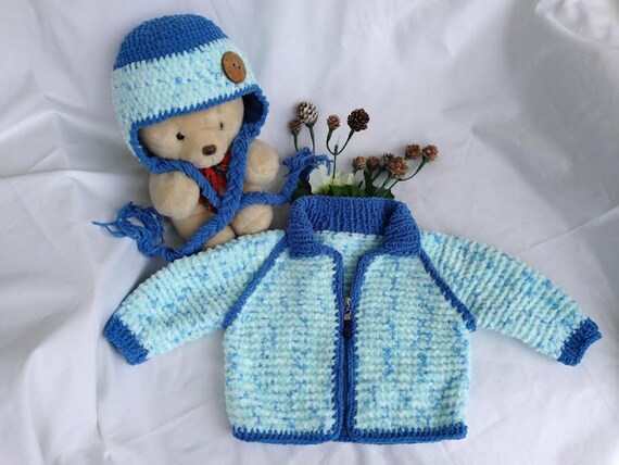 Baby Boy Cardigan and Hat Set Baby Sweater Blue Knitted Sweater and Hat New  Baby/baby Shower Gift Winter Baby Clothing Light Blue Sweater 