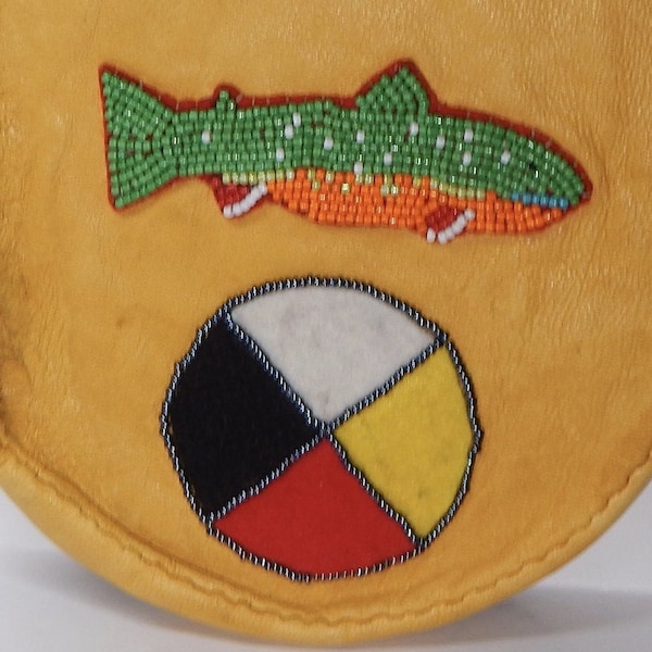 First Nation Large Soft Leather Pouch for medicine or drum?, Beaded Fish & Medicine wheel Symbol.... ~11x8"