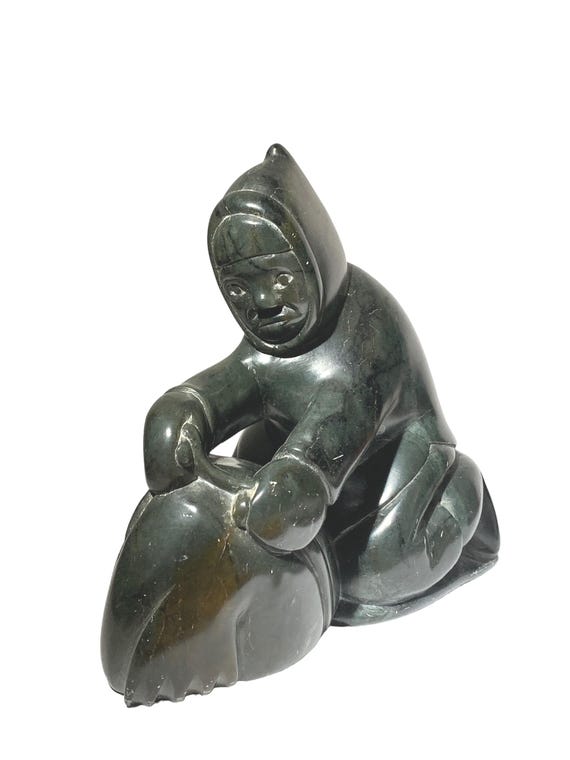 Inuit Art Stone Carving: Hunter & Walrus Sculpture by Eli