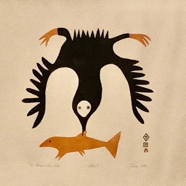 Inuit Litho Lucy Qinnuayuak, Dorset 1964, 25 of 50, Bird with a Fish