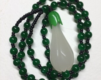 Necklace with Pendant: White NEPHRITE JADE Rose with green Jadeite gem petals and beads.  No clasp,