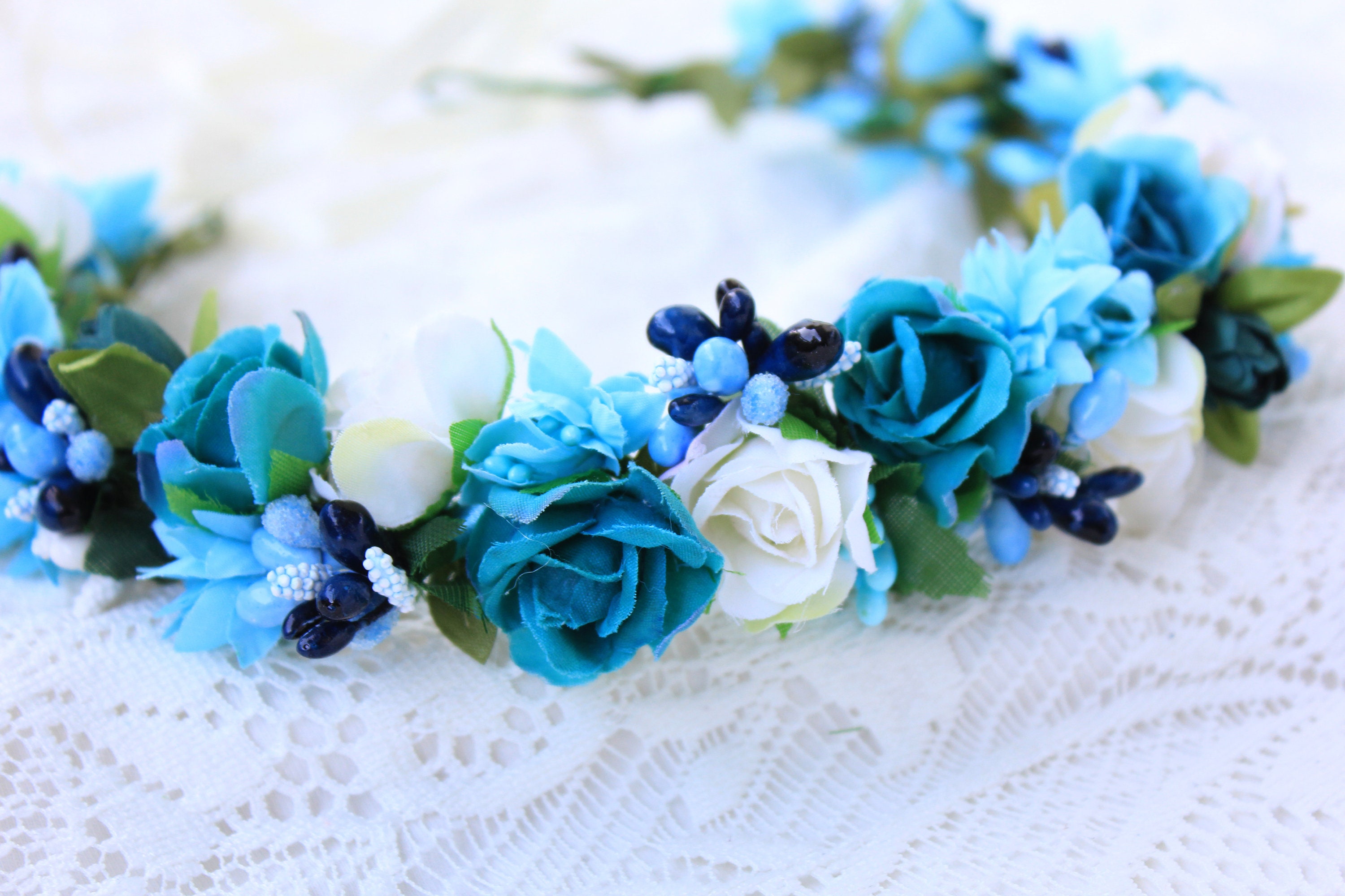 Blue and White Rose Flower Crown Crown for Girl Floral Head Wreath ...