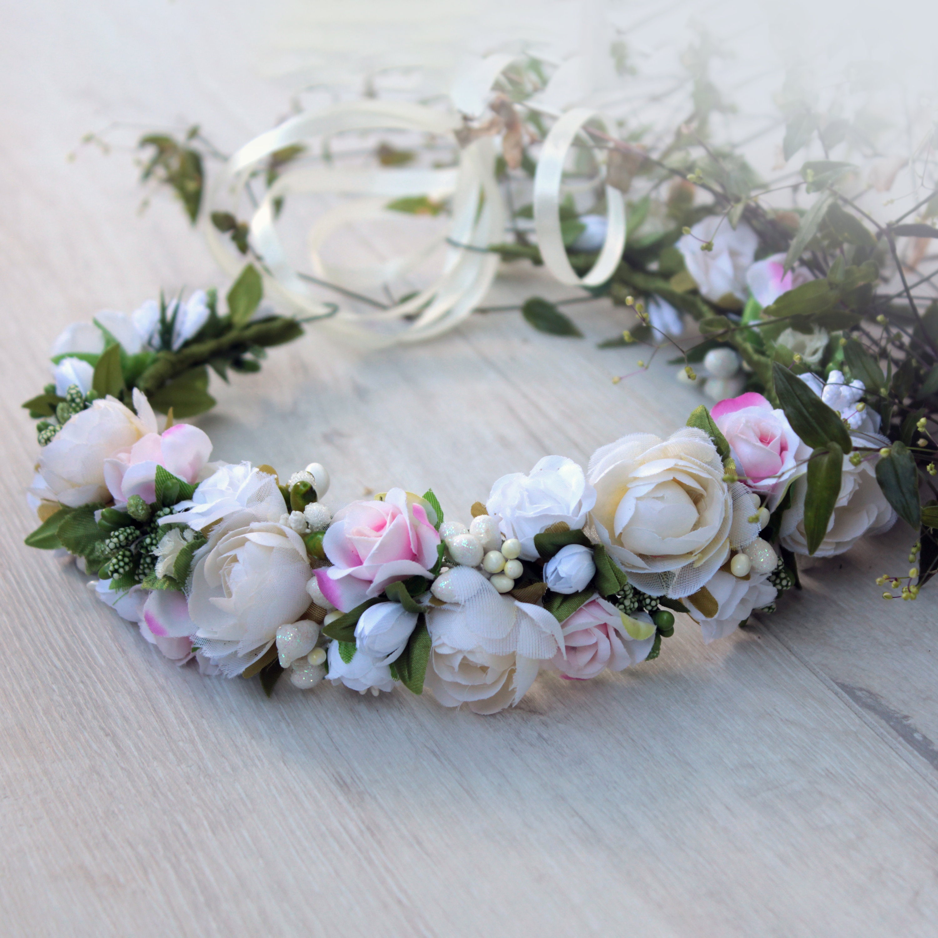 White Pink Rose Flower Crown Wedding Flower Crown Flower Hair Etsy