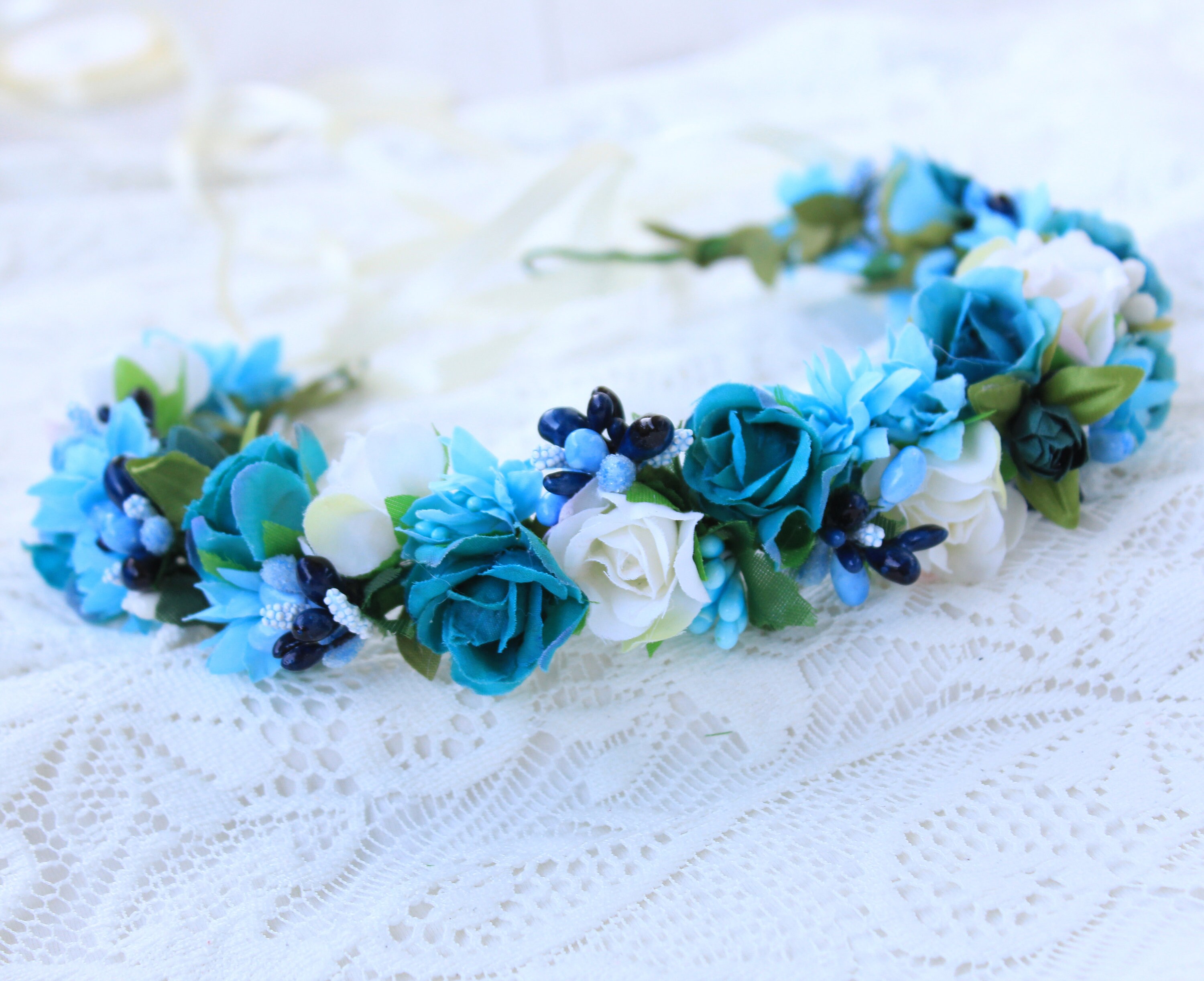 Blue and White Rose Flower Crown Crown for Girl Floral Head Wreath ...