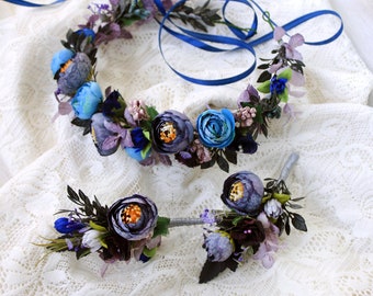 Dusty navy blue peony flower crown Bridal headpiece  Floral head wreath flower head piece wedding flower crown Wedding flower boutonniere