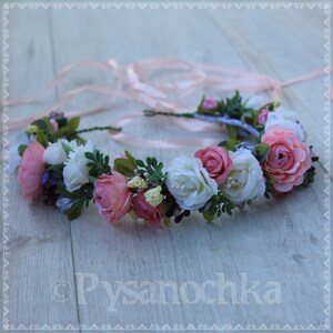 Rose flower crown  Flower girl crown Pink and white bride hair piece floral wreath gift for girl.