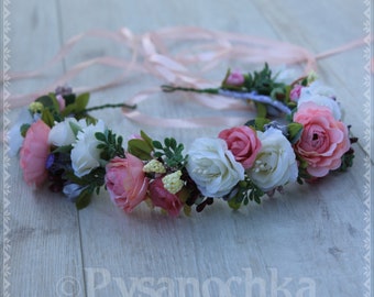 Rose flower crown  Flower girl crown Pink and white bride hair piece floral wreath gift for girl.