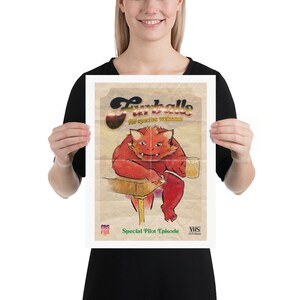 May include: A vintage-style poster for a show called "Furballs" with the tagline "All species welcome". The poster features a cartoon red furry creature holding a glass of beer. The poster also includes the text "Special Pilot Episode" and logos for CBS, FOX, and VHS.