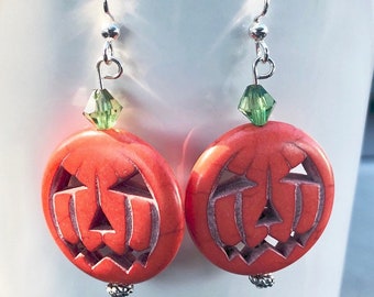 Jack o'Lantern Earrings Halloween Earrings Pumpkin Earrings Harvest Fall Earrings Orange Howlite Pumpkin Earrings Pumpkin Jewelry