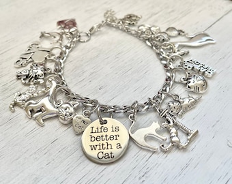 Kitty Cat Charm Bracelet: Cat Lover Gift, Antique Silver Finish, Adjustable Length