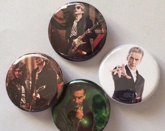 Doctor Who 12th Doctor and Clara Oswald the Rebel Timelord Peter Capaldi Pin Pinback Button Set of 4 Buttons Magnets Flat Backs