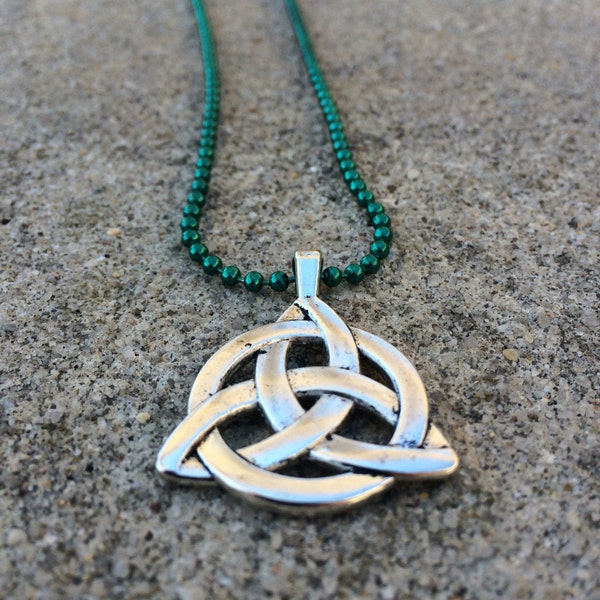 Celtic Irish Large Silver Toned Celtic Triquetra/Trinity Knot Pendant on Green Ball Chain Necklace