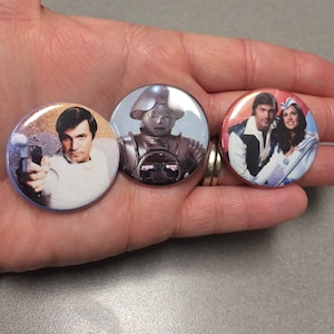 Buck Rogers Pins Twiki and Wilma Inspired Pinback Button Set of 3 Buttons Magnets Keychains