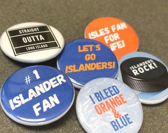 Islanders Hockey Pins Let’s go Islanders Isles fan for life #1 Islander Fan Orange and Blue Pride Straight Outta Long Island NY Buttons