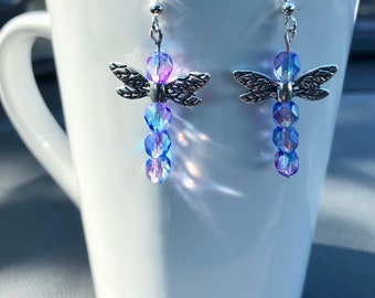 Purple Dragonfly Earrings Crystal Dragonfly Earrings Dragonfly Jewelry   Dragonfly Earrings Dragon Fly Insect Earrings Fantasy Boho Woodland