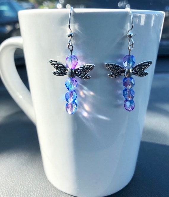 Purple and Iridescent Green Crystal Dragonfly Earrings Purple and Iridescent Green Crystal Dragonfly Earrings