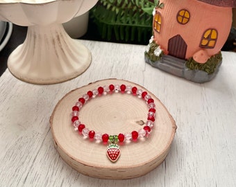 Pink and Red Strawberry Stretch Bracelet - Cottage Core Jewelry