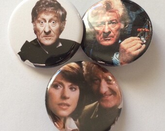 Doctor Who 3rd Doctor and Sarah Jane Smith Pins Buttons Magnets Keychains Set of 3  Doctor Who Gift