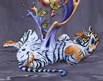 Tiger Artwork - Funny Animal Poster - Butterfly Art - "Funny Tummy" By Swartz Brothers Art