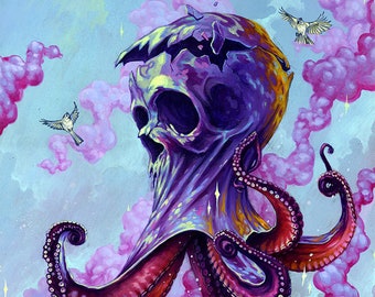 Skull Art Print - Octopus Artwork - Wall Art - Art Poster - “The Higher Spires“ by Black Ink Art