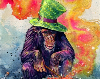 Monkey Art Print - Surreal Art - Mixed Media - Wall Art - "Love Potion #9" by Black Ink