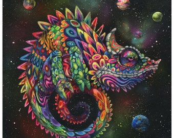 Chameleon Art Print - Surreal Art - Rainbow Lizard - Trippy Art - Wall Art - "Rainbow Herbert" by Swartz Brothers Art
