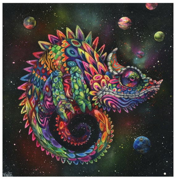 Chameleon Art Print Surreal Art Rainbow Lizard Trippy Etsy