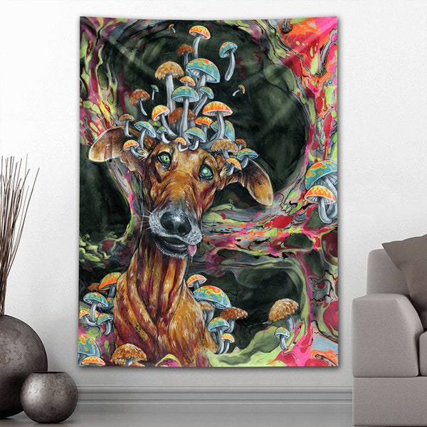 Dog Art Tapestry - Large Format Art -  Trippy art - Mushroom Tapestry - Dorm Art - “Dwight's Den” by Swartz Brothers Art