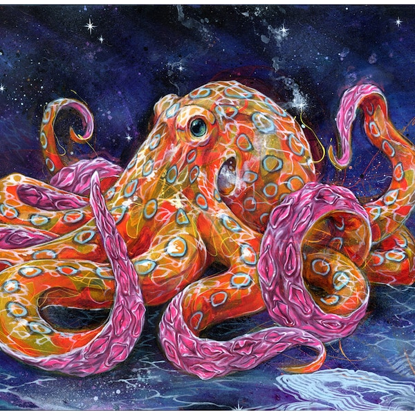 Octopus Art Print - Dierlijke Kunstwerken - Kunst aan de muur - Decor aan de muur - Art Poster - "Poisonous Bubblegum" door Black Ink Art