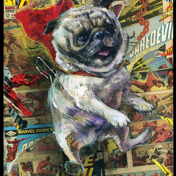 Pug Art Print - Dog Wall Art With Comic Book Collage - "Power Pug!" by Swartz Brothers Art