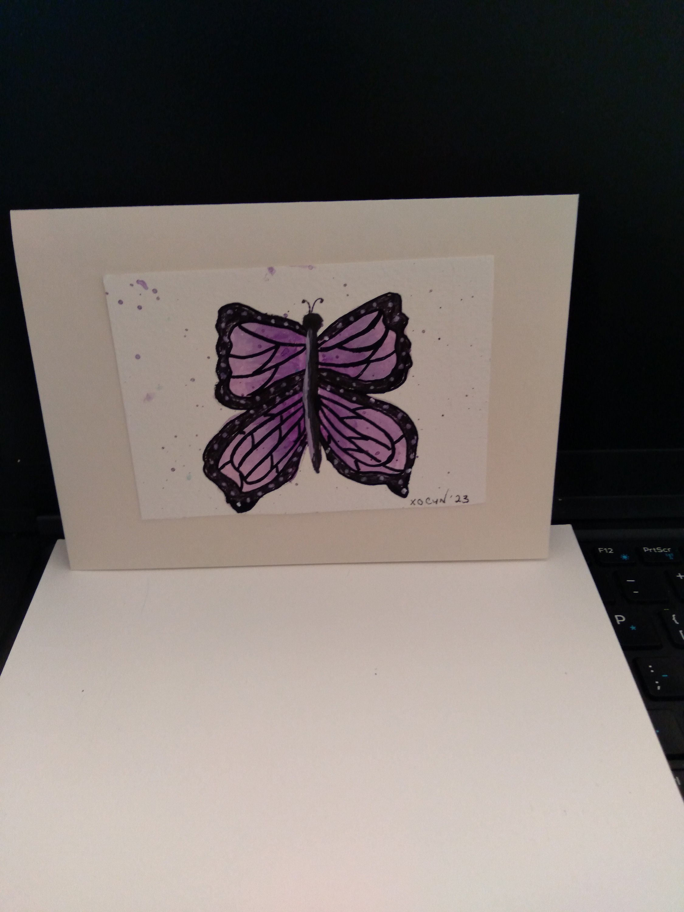 Purple Hand Painted, Watercolor Butterfly Note Card With Decorated ...