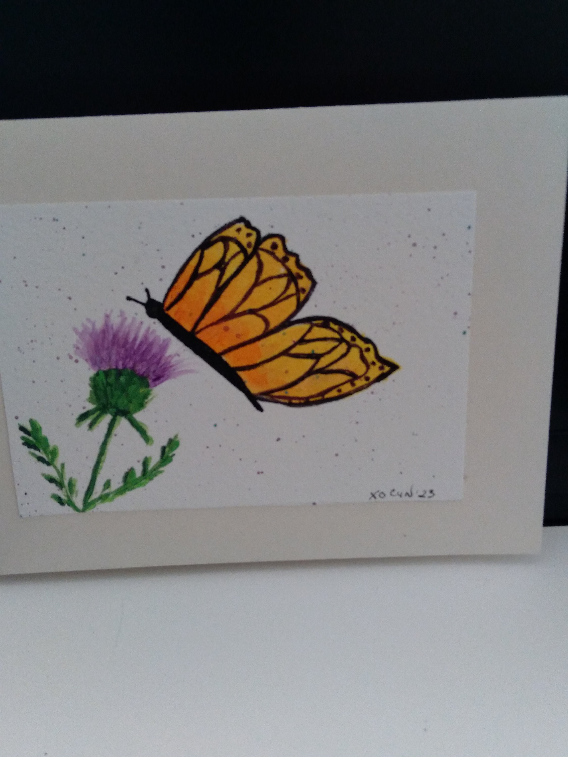 Hand Painted Watercolor Yellow Butterfly With Thistle Blank Note Card ...