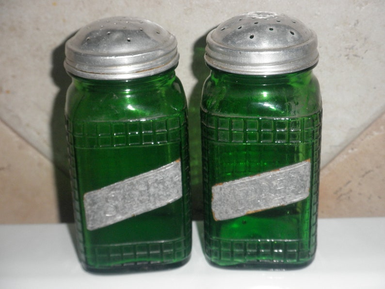 Vintage Green Glass Salt and Pepper Shakers Depression Era Etsy