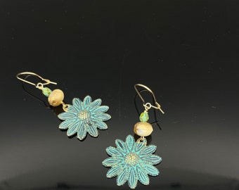 Handmade Daisy Earrings, Green Patina Earrings, Flower Earrings