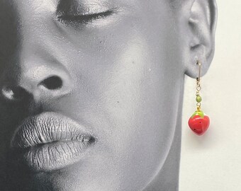 Enameled Strawberry Earrings,  Petite Earrings