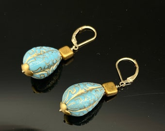 Blue and Gold Glass Bead Earrings,Moroccan Style Earrings